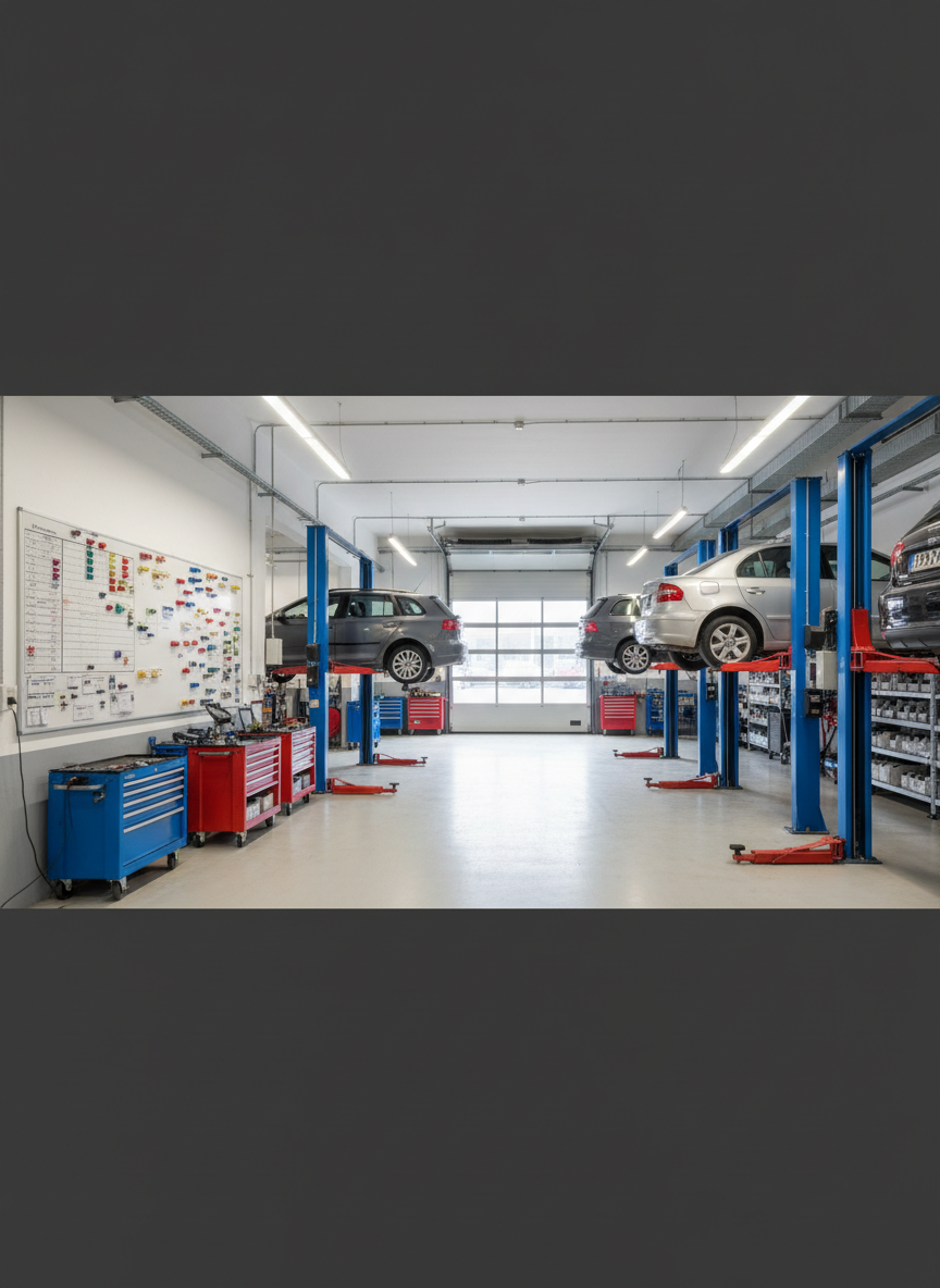 Vista panorámica de un moderno taller automotriz sin personas, con varios vehículos estacionados en elevadores hidráulicos azules y rojos, todos levantados a media altura. Bajo cada automóvil se observan carros de herramientas cerrados, estantes con repuestos perfectamente alineados y contenedores etiquetados sin texto. En una pared, una gran pizarra magnética con imanes de colores simboliza la planificación del inventario y reparaciones. Luz natural entra por una gran puerta enrollable abierta, combinándose con iluminación LED de techo, creando un ambiente claro y ordenado. Fotografía realista con ligero ángulo elevado, nitidez total, transmitiendo eficiencia, seguridad y organización sistemática del equipamiento mecánico.