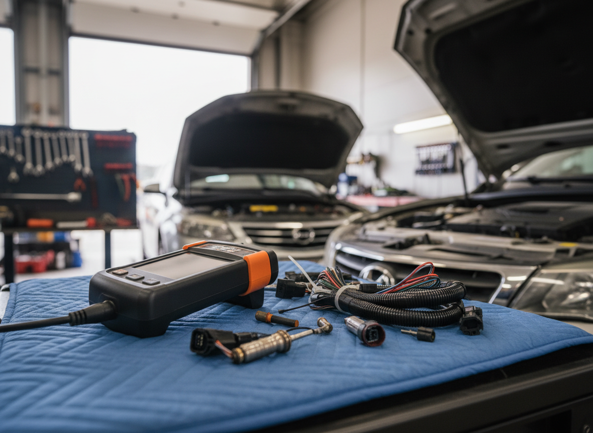 Primer plano de un escáner OBD2 automotriz negro con detalles en naranja, apoyado sobre un guardabarros cubierto por un protector acolchado azul. A su alrededor, cuidadosamente dispuestos, se ven sensores de oxígeno nuevos, conectores eléctricos y un mazo de cables ordenado con bridas. El vehículo en segundo plano dentro del taller está parcialmente desenfocado, con el capó levantado y herramientas colgando organizadas. Luz mixta de taller, con iluminación superior blanca y algo de luz natural entrando por una puerta lateral, creando brillos controlados sobre el plástico y el metal. Fotografía de estilo realista, ángulo ligeramente bajo, ambiente técnico y preciso que une diagnóstico electrónico con gestión ordenada de componentes.
