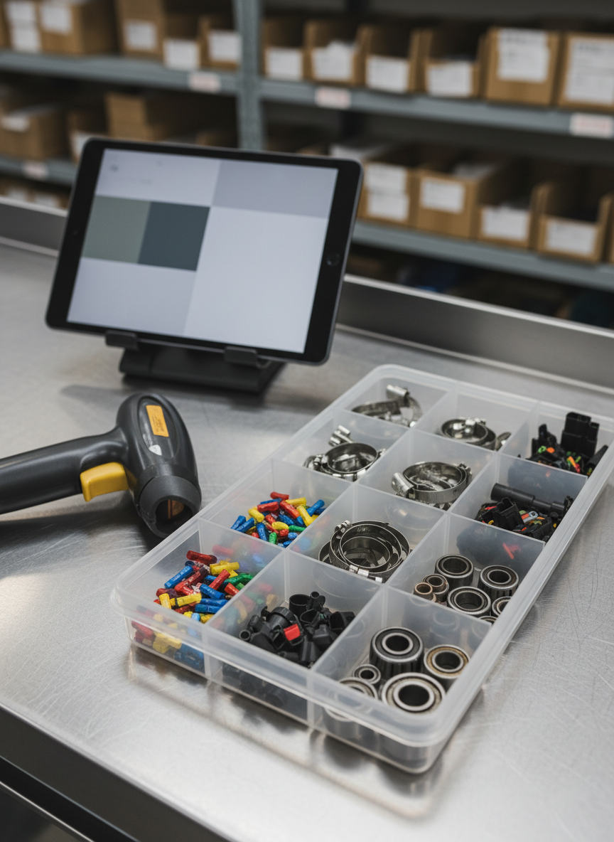 Un cercano primer plano fotográfico de una bandeja plástica transparente dividida en compartimentos, cada espacio ocupado por diferentes repuestos automotrices: fusibles de colores, abrazaderas metálicas, conectores eléctricos y pequeños rodamientos. La bandeja reposa sobre una mesa de acero inoxidable junto a un escáner de códigos de barras apagado y una tablet negra apoyada en un soporte, mostrando en su pantalla una interfaz abstracta de inventario sin texto legible. Luz blanca uniforme desde arriba resalta texturas, brillos y colores, creando un ambiente técnico y meticuloso. Composición en regla de tercios, con fondo ligeramente desenfocado de estantes llenos de cajas organizadas, evocando precisión y gestión profesional de datos mecánicos.
