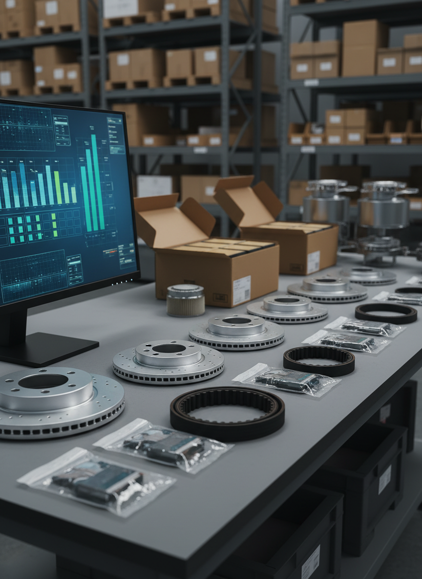 Una mesa de revisión de repuestos automotrices en un área de control de inventario: sobre la superficie gris mate se alinean discos de freno nuevos, filtros de aire en sus cajas abiertas, correas dentadas negras y sensores envueltos en bolsas antiestáticas transparentes. A un costado, un ordenador de escritorio con monitor grande muestra un gráfico abstracto de barras y casillas, representando gestión de datos sin texto. Luz suave de estudio desde un lado crea sombras definidas y resalta los relieves de los componentes. Composición fotográfica en ángulo ligeramente elevado, con fondo difuminado de estanterías de metal llenas de cajas. El ambiente es serio, profesional y claramente enfocado en el control exhaustivo del inventario mecánico.