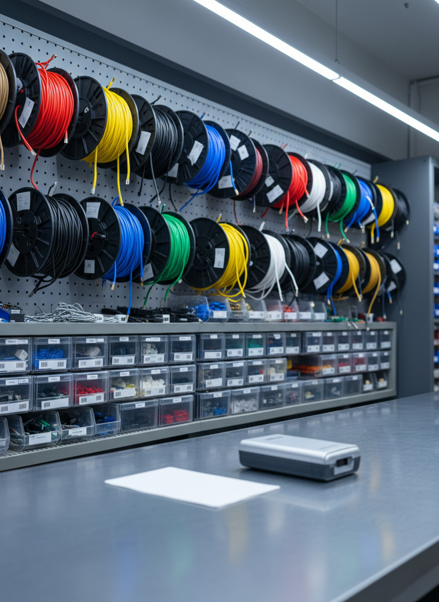 Un área específica de un almacén automotriz dedicada a sistemas eléctricos, con paneles de pared equipados con bobinas de cables de distintos colores, cajas transparentes con relés, fusibles y conectores, todo claramente separado y organizado. En primer plano, sobre una mesa, una etiqueta RFID sin texto descansa junto a un pequeño lector gris metálico, simbolizando un sistema moderno de inventario. La iluminación fría y uniforme de tubos LED resalta la viveza de los colores de los cables y el brillo de los contactos metálicos. Fotografía realista, tomada desde un ángulo medio lateral, con profundidad de campo que mantiene legibles los detalles, transmitiendo tecnología, precisión y gestión avanzada de componentes eléctricos automotrices.